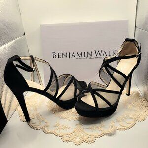 Benjamin Walk Corri 98Touch Ups Black Suede 9.5M Ankle Strap  HIgh Heel Sandals